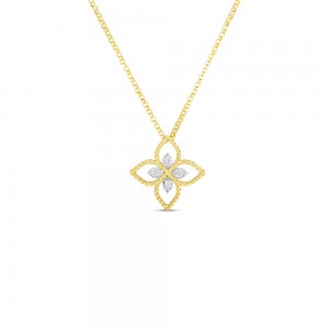 18K YELLOW WHITE GOLD DIAMOND PRINCIPESSA FLOWER NECKLACE.