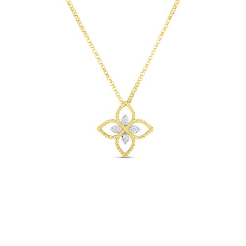 18K YELLOW WHITE GOLD DIAMOND PRINCIPESSA FLOWER NECKLACE.