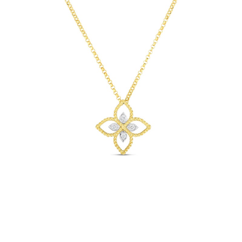 18K YELLOW WHITE GOLD DIAMOND PRINCIPESSA FLOWER NECKLACE.