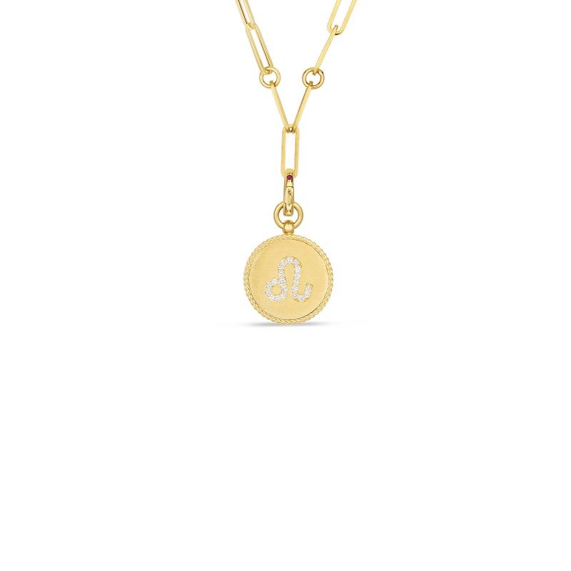 Roberto Coin 18K Yellow Gold  Diamond Leo Zodiac Medallion Pendant W. Coin Edge On Paper Clip Chain