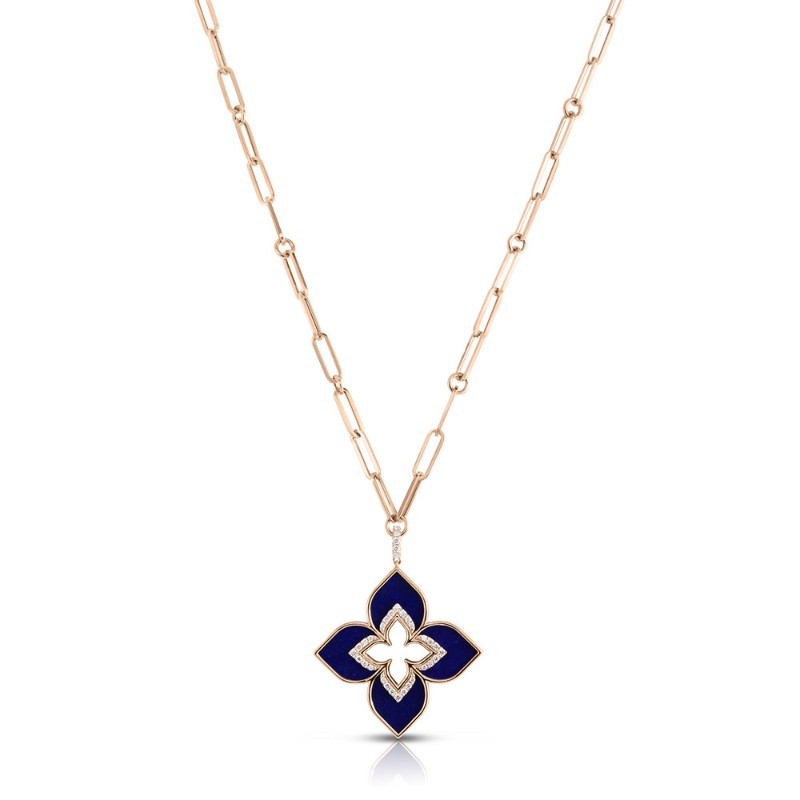 ROBERTO COIN 18K ROSE GOLD VENETIAN PRINCESS LAPIS AND DIAMOND NECKLACE. BLAP-10.05, DIA-0.28
