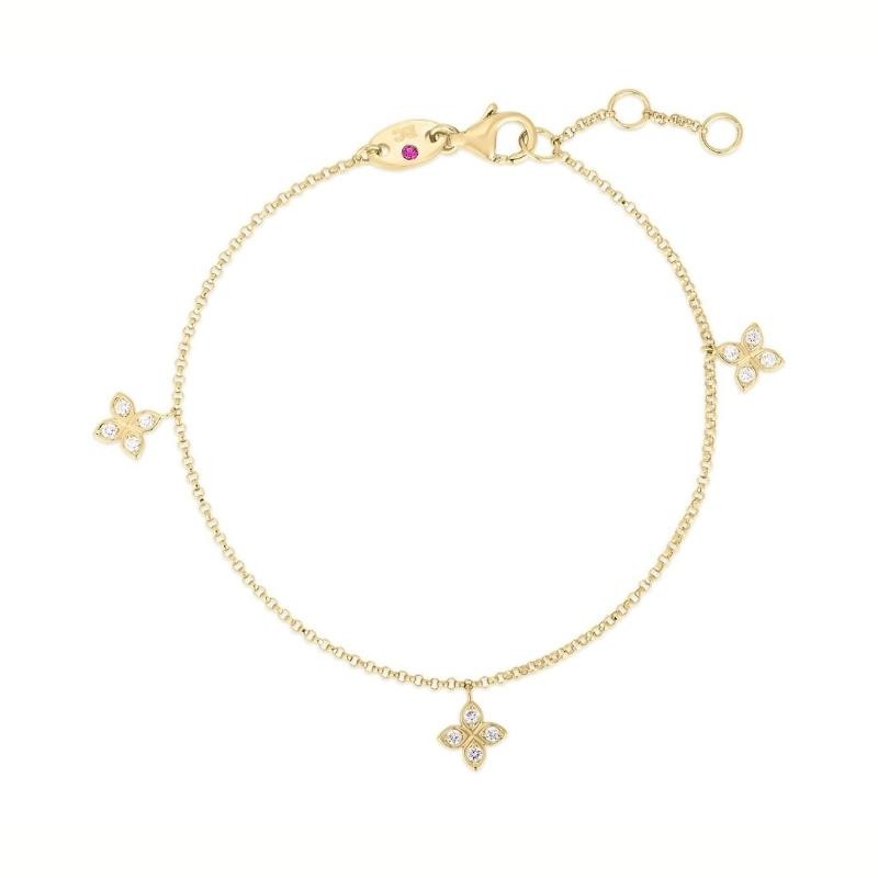 18K YELLOW GOLD DIAMOND 3 STATION DANGLING BRACELET .13CTW.