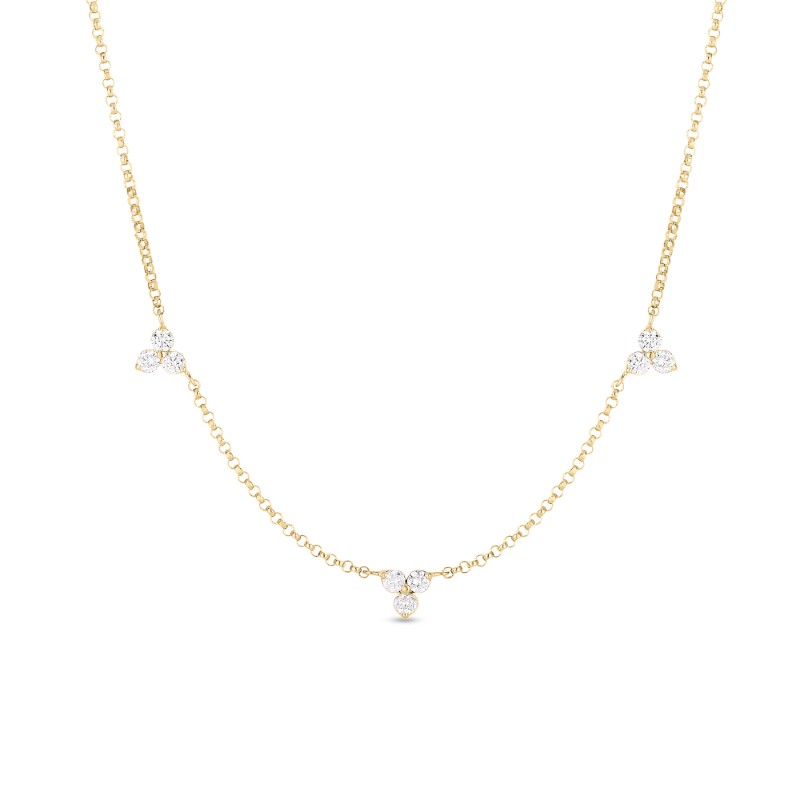 18K YELLOW GOLD DIAMOND LOVE BY YARD NECKLACE THREE STATIONS.