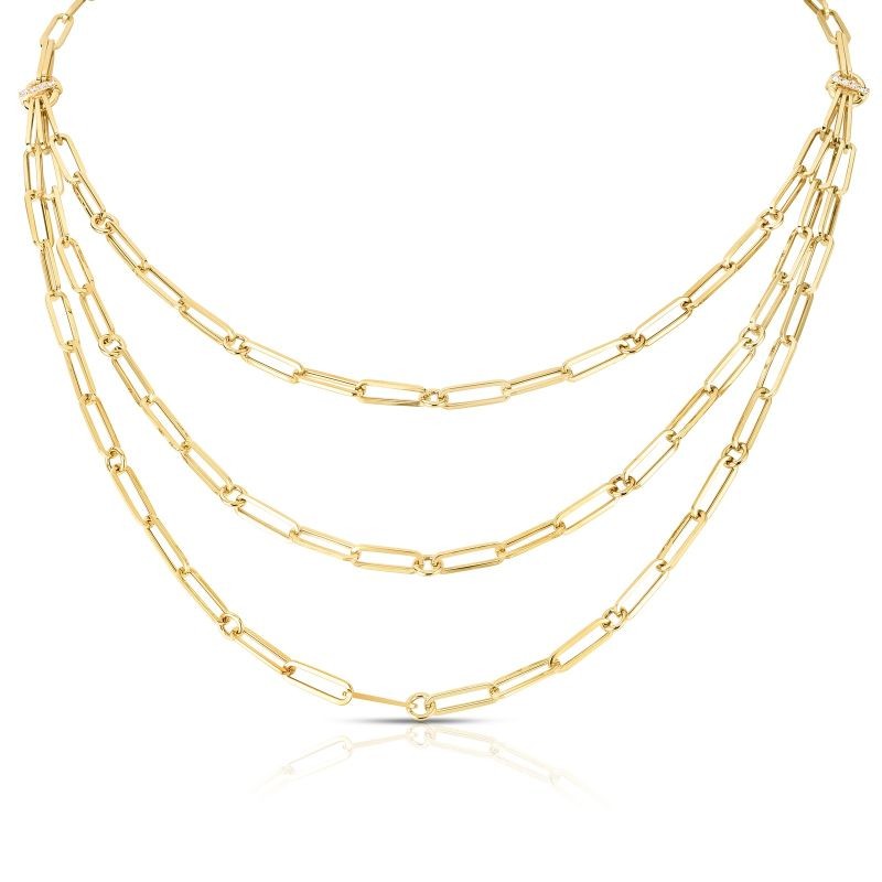 18K YELLOW GOLD PAPERCLIP TRIPLE STRAND BIB NECKLACE .08CTW.