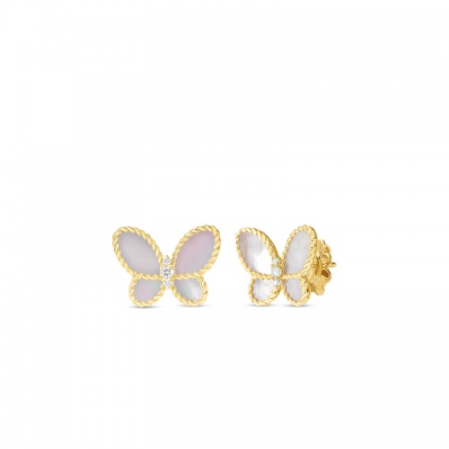 ROBERTO COIN 18K YELLOW GOLD DIAMOND MOP JASMINE BUTTERFLY EARRINGS.