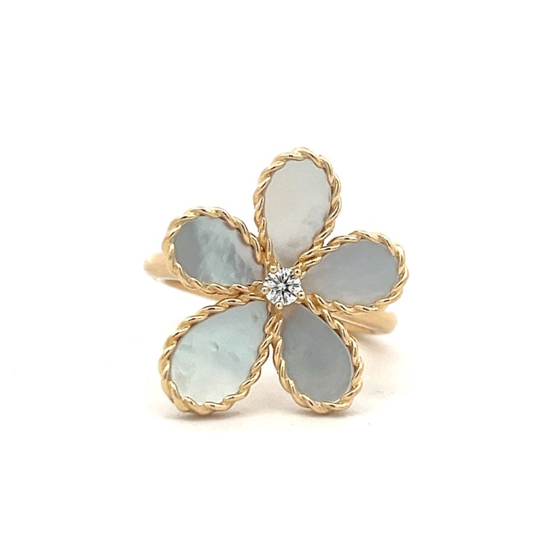 ROBERTO COIN 18K YELLOW GOLD DIAMOND MOP JASMINE FLOWER RING 0.06,MOP 1.51.