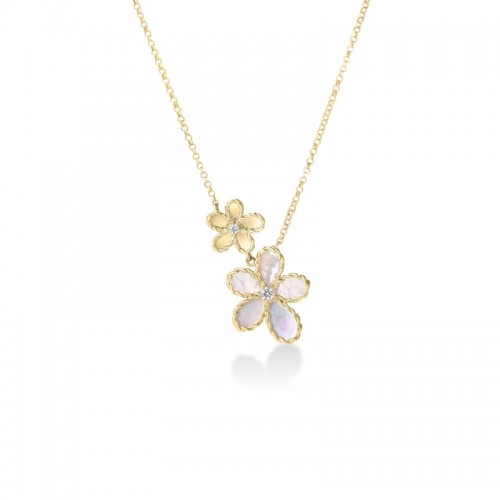 Roberto Coin 18k Yellow Gold Diamond Mother of Pearl Jasmine Flower Neck. Diamond .04ctw  Mother of Pearl .95ctw