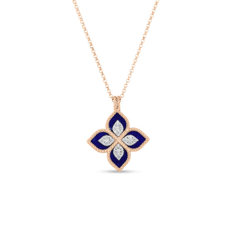 ROBERTO COIN 18K ROSE AND WHITE GOLD DIAMOND LAPIS VENETIAN PRINCESS NECKLACE. BLAP 3.69 DIAM 0.15
