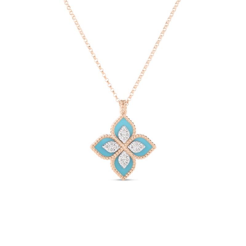 ROBERTO COIN 18K ROSE AND WHITE GOLD TURQOUIS VENETIAN PRINCESS PENDANT. DIA- 0.15, TURQ- 2.89