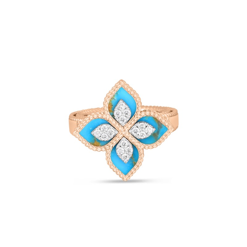 Roberto Coin 18k Rose and White Gold Diamond and Turquoise Venetian Princess. Ring Dia. 15ctw Turqouise 2.88