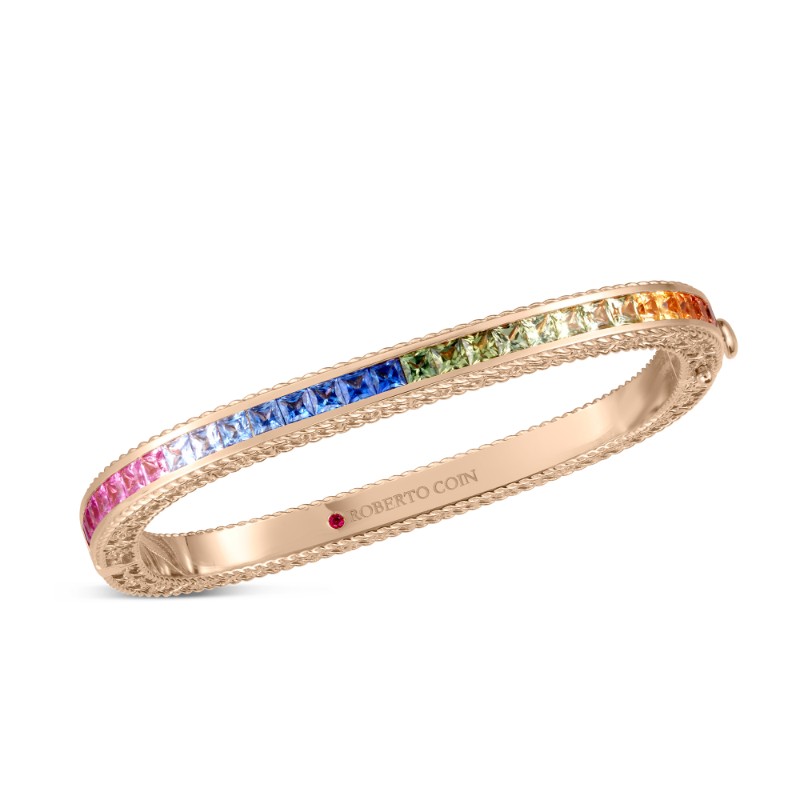 ROBERTO COIN 18K ROSE GOLD MULTI COLOR SAPPHIRE BANGLE 46X56 PRINCESS.