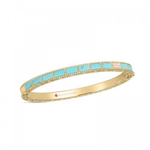 ROBERTO COIN 18K YELLOW GOLD DIAMOND TURQUIOSE MOSAIC BANGLE 48X58 DIA 0.05. TURQ 4.00