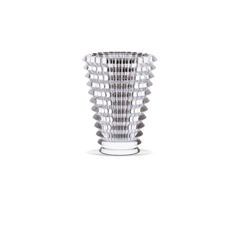 clear crystal small EYE vase w/ridged sides tapered toward bottom.